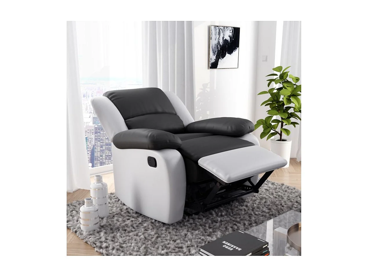 Fauteuil de relaxation'en simili Léo - Blanc/Gris - Loungitude - L88 x 93 x 96cm - Loungitude