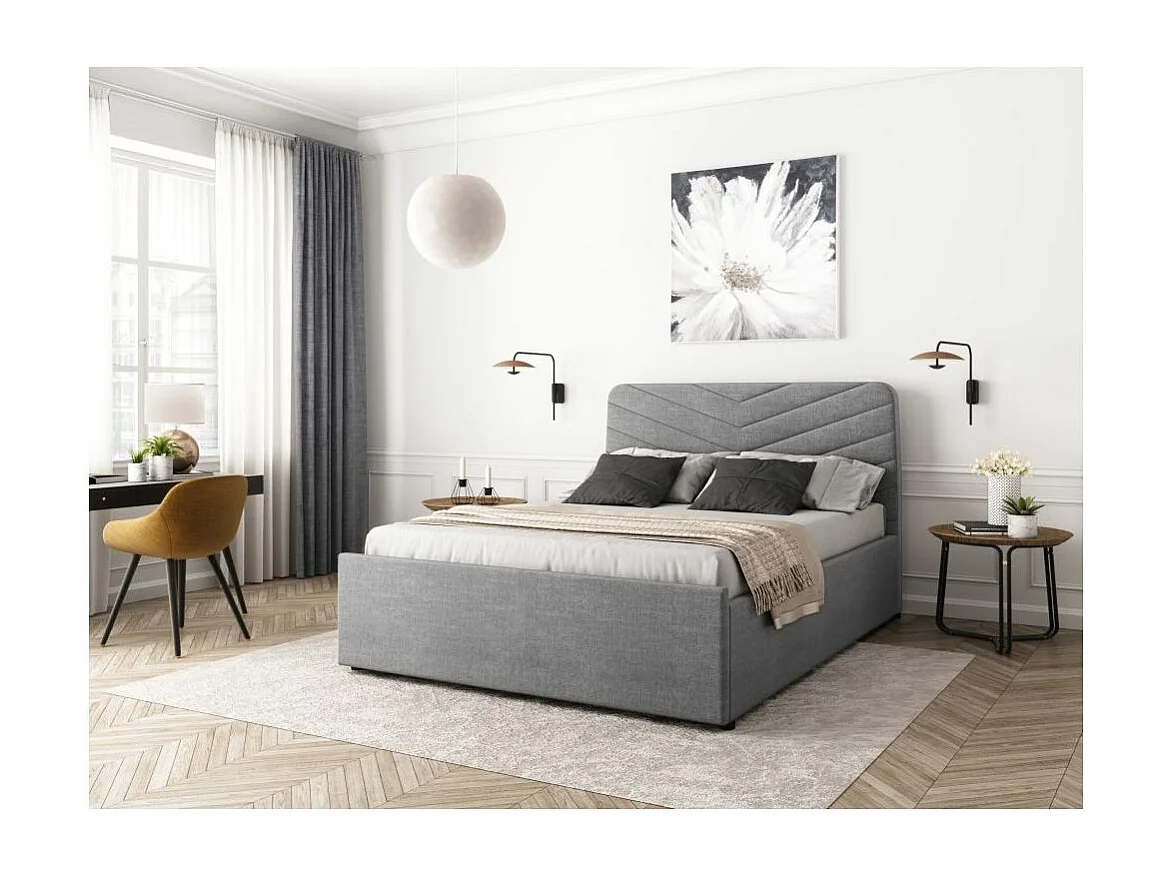 Cadre de lit HECTOR avec tête de lit et sommier à lattes en tissu - Gris - 140 x 190 cm