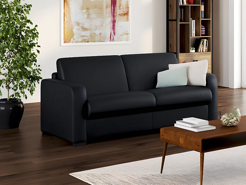 3-sits bäddsoffa express i svart läder med 20 cm madrass BEVIS