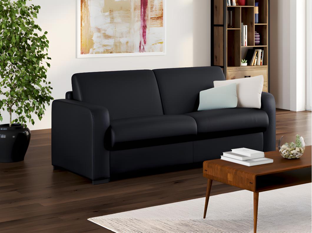 Canapé 3 places convertible express cuir noir matelas 20 cm BEVIS