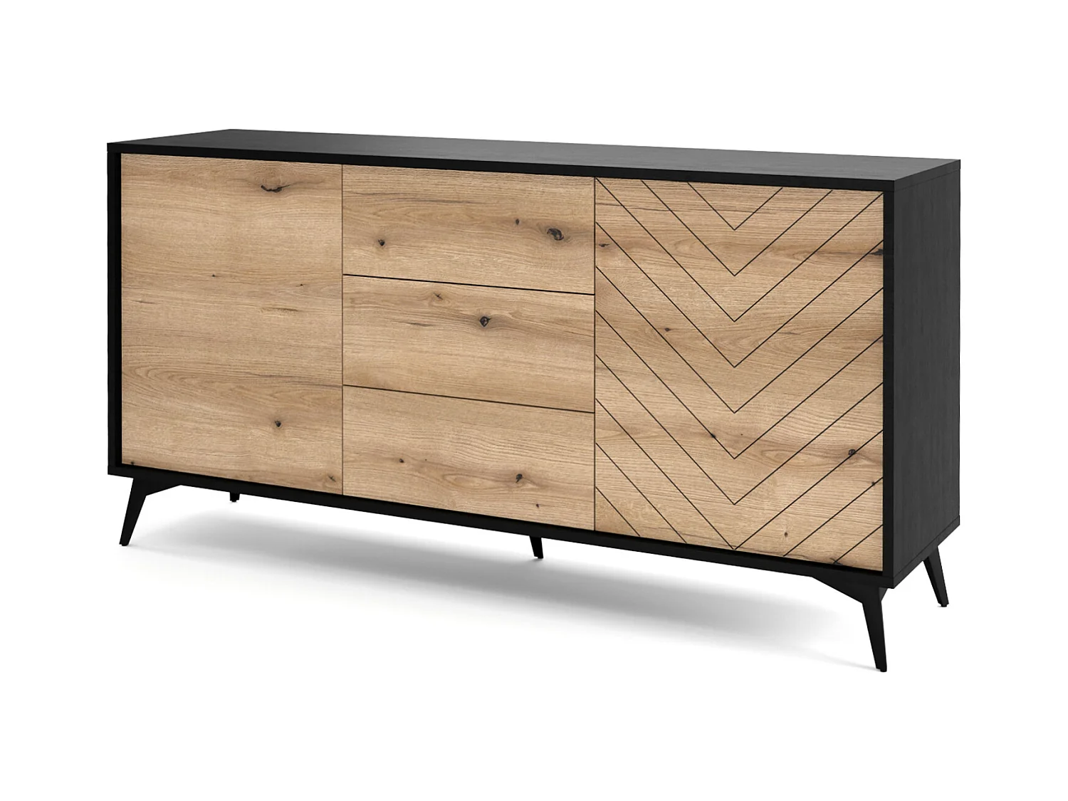 Sideboard mit 3 Schubladen - 154 cm - Schwarz mit Fischgrätfronten in Eiche - BOULIA