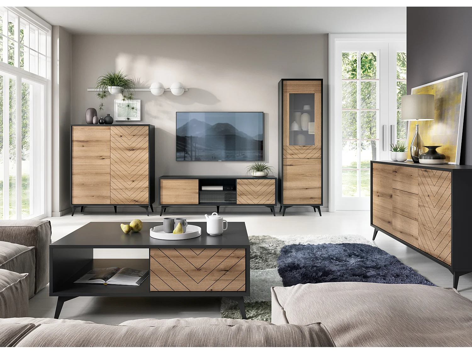 Commode à tiroirs - 154 cm - noir/chêne Evoke motif à chevrons - BOULIA