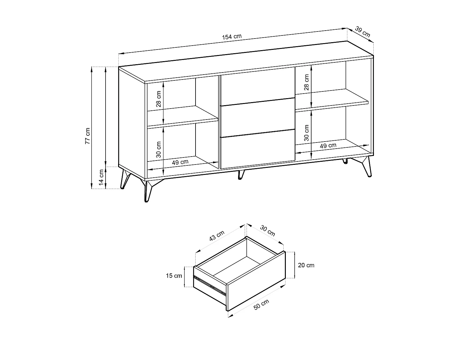 Commode à tiroirs - 154 cm - noir/chêne Evoke motif à chevrons - BOULIA