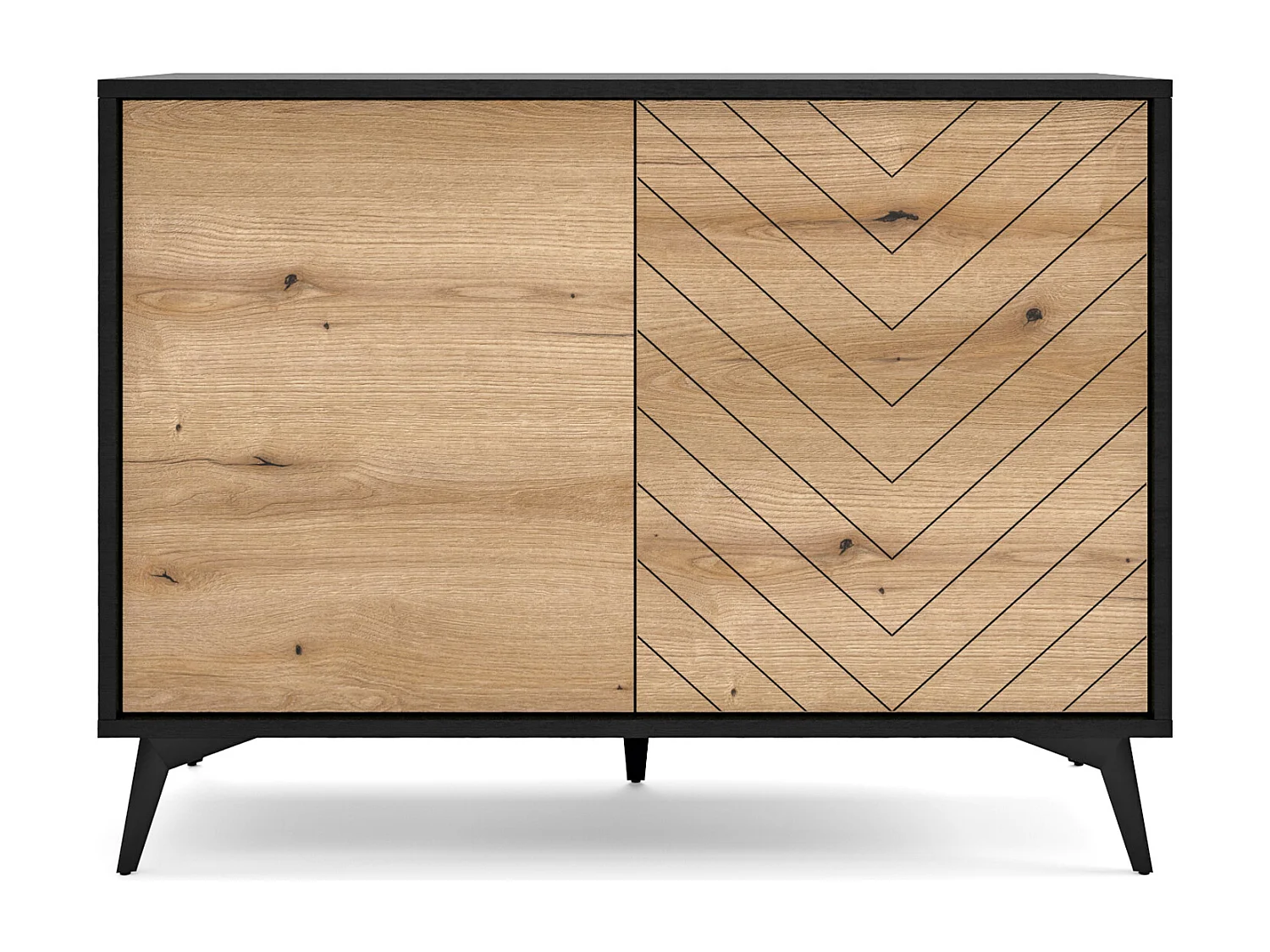 Sideboard 2-türig - 104 cm - Schwarz mit Fischgrätfronten in Eiche - BOULIA