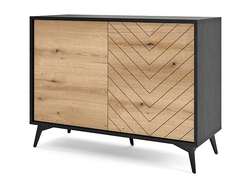 Commode à deux portes - 104 cm - noir/chêne Evoke motif à chevrons - BOULIA
