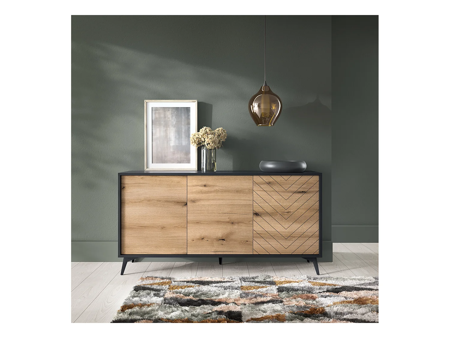 Sideboard 3-türig - 154 cm - Schwarz mit Fischgrätfronten in Eiche - BOULIA