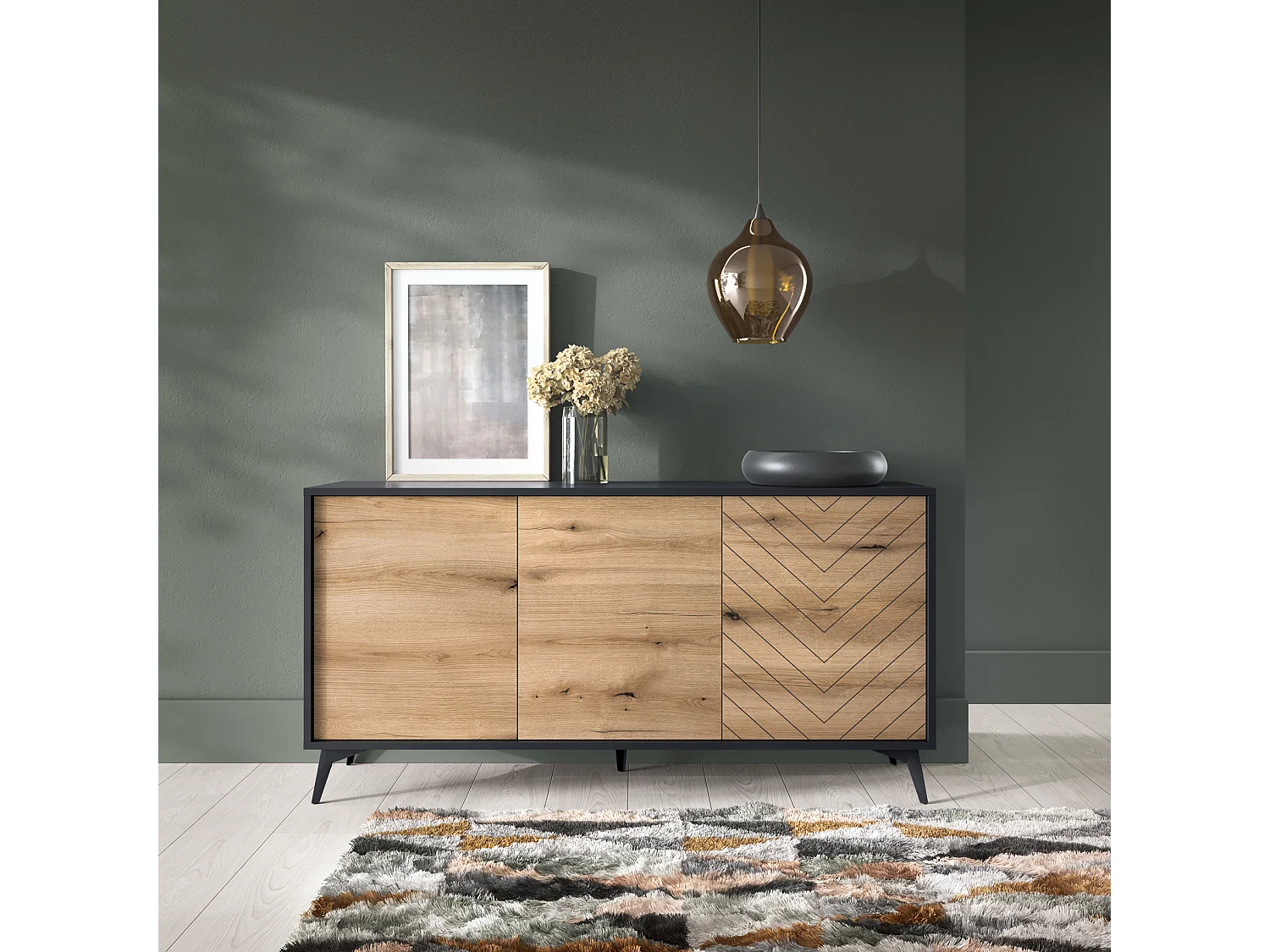 Dreitürige Kommode - 154 cm - Schwarz/Eiche Evoke Fischgrätmuster - BOULIA