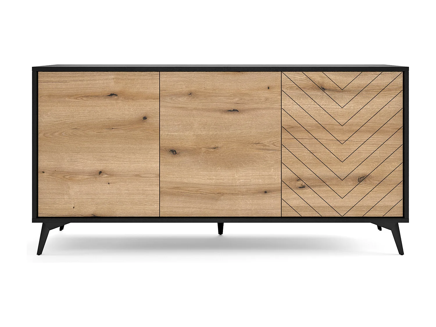 Dreitürige Kommode - 154 cm - Schwarz/Eiche Evoke Fischgrätmuster - BOULIA