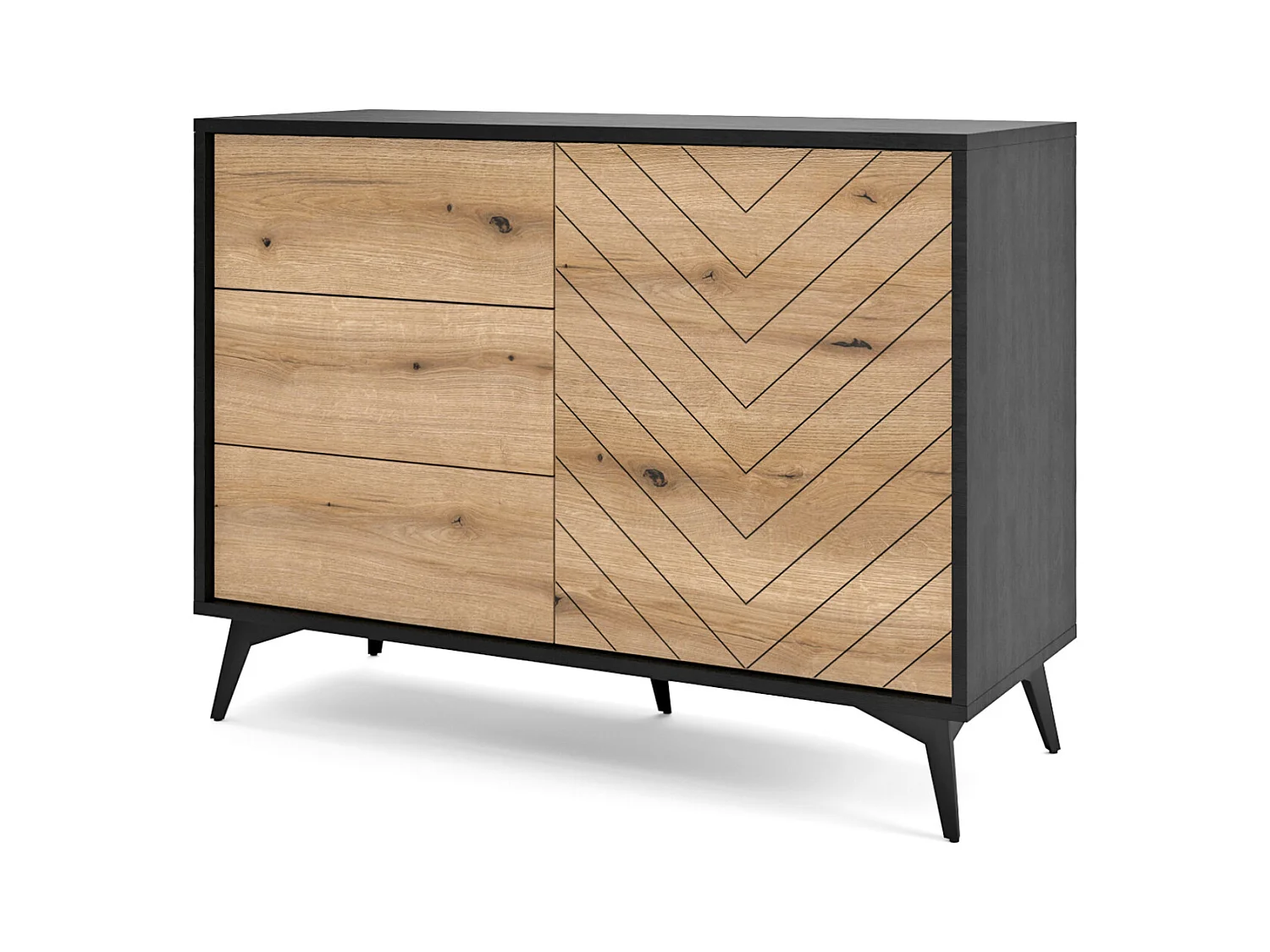Commode à tiroirs - 104 cm - noir/chêne Evoke motif à chevrons - BOULIA