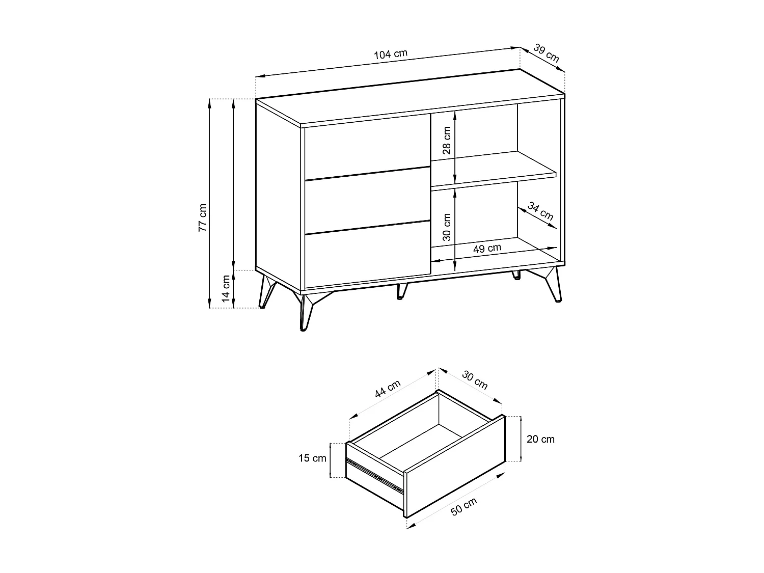 Sideboard mit 3 Schubladen - 104 cm - Schwarz mit Fischgrätfronten in Eiche - BOULIA