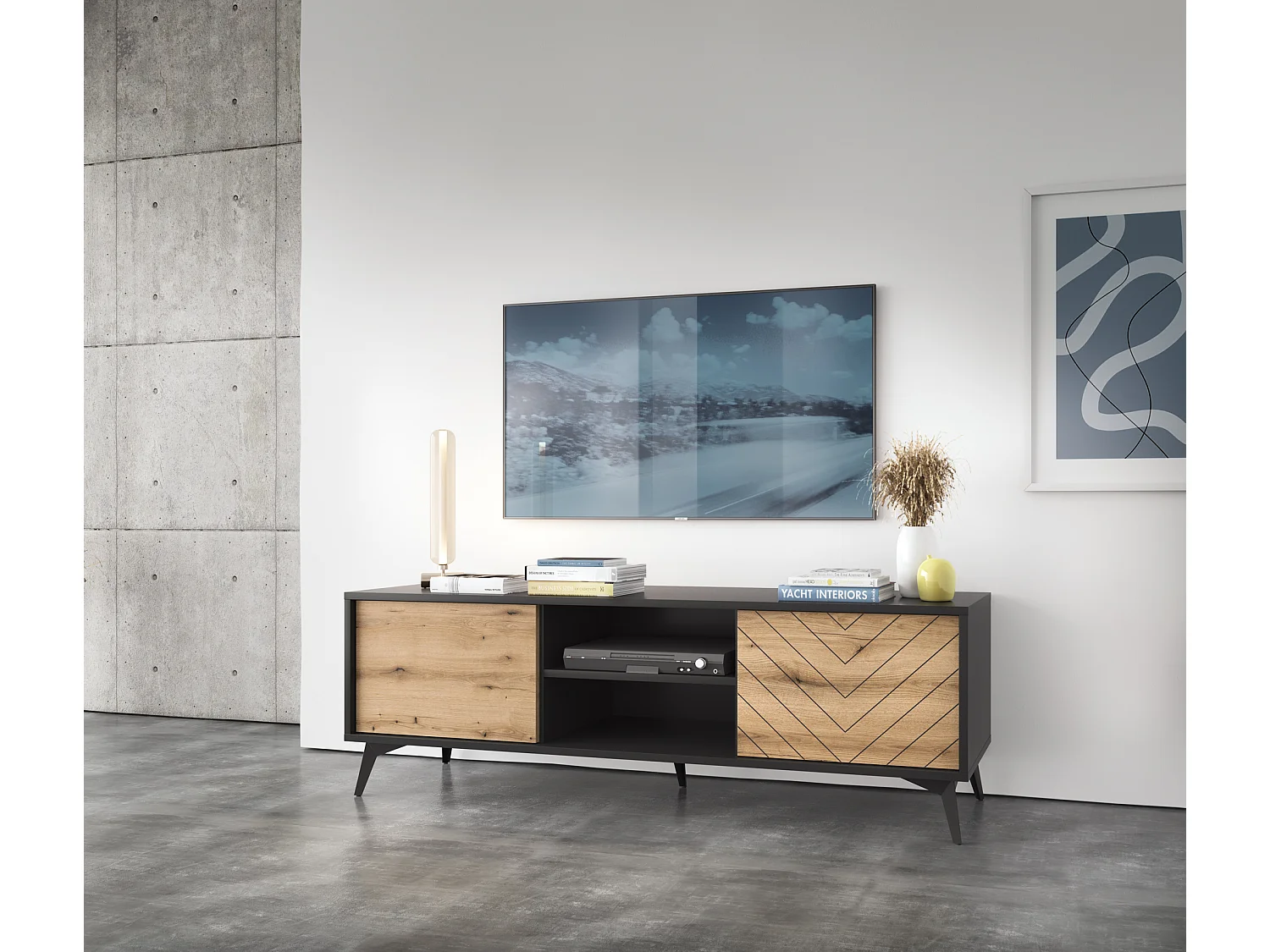 Meuble TV - 154 cm - noir/chêne Evoke motif à chevrons - BOULIA