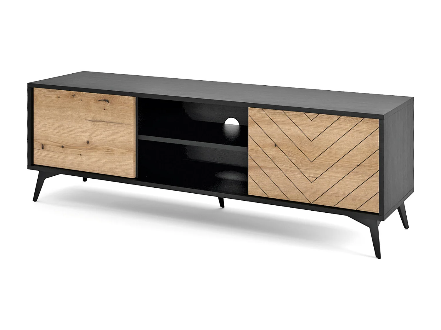 Meuble TV - 154 cm - noir/chêne Evoke motif à chevrons - BOULIA
