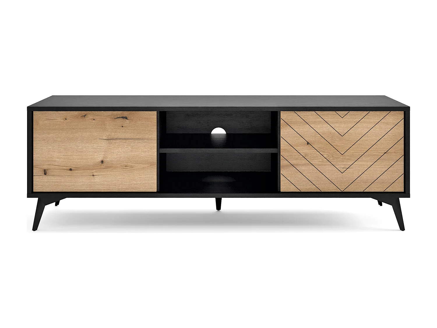 Meuble TV - 154 cm - noir/chêne Evoke motif à chevrons - BOULIA