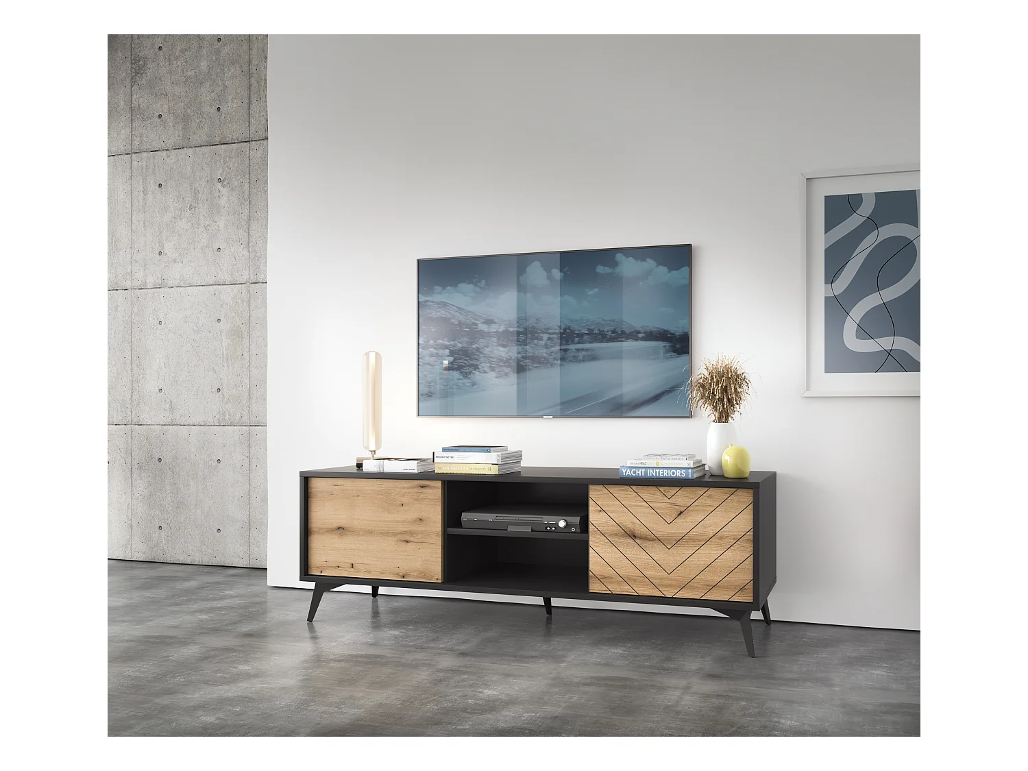 TV-Lowboard - 154 cm - Schwarz mit Fischgrätfronten in Eiche - BOULIA