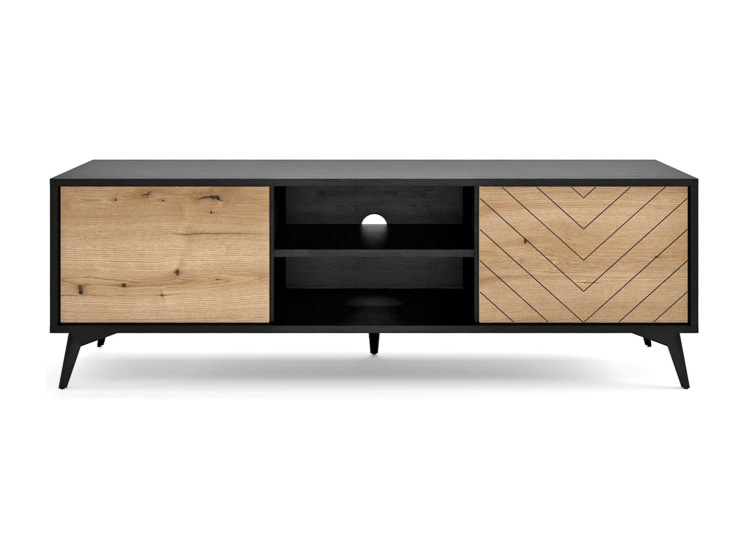 Meuble TV - 154 cm - noir/chêne Evoke motif à chevrons - BOULIA