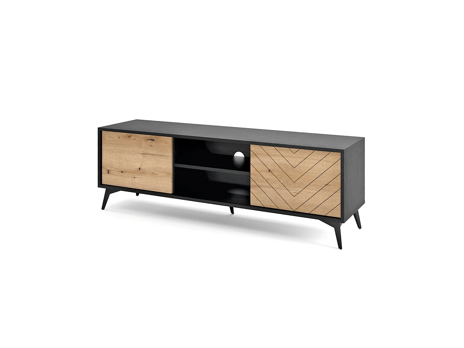 Meuble TV - 154 cm - noir/chêne Evoke motif à chevrons - BOULIA