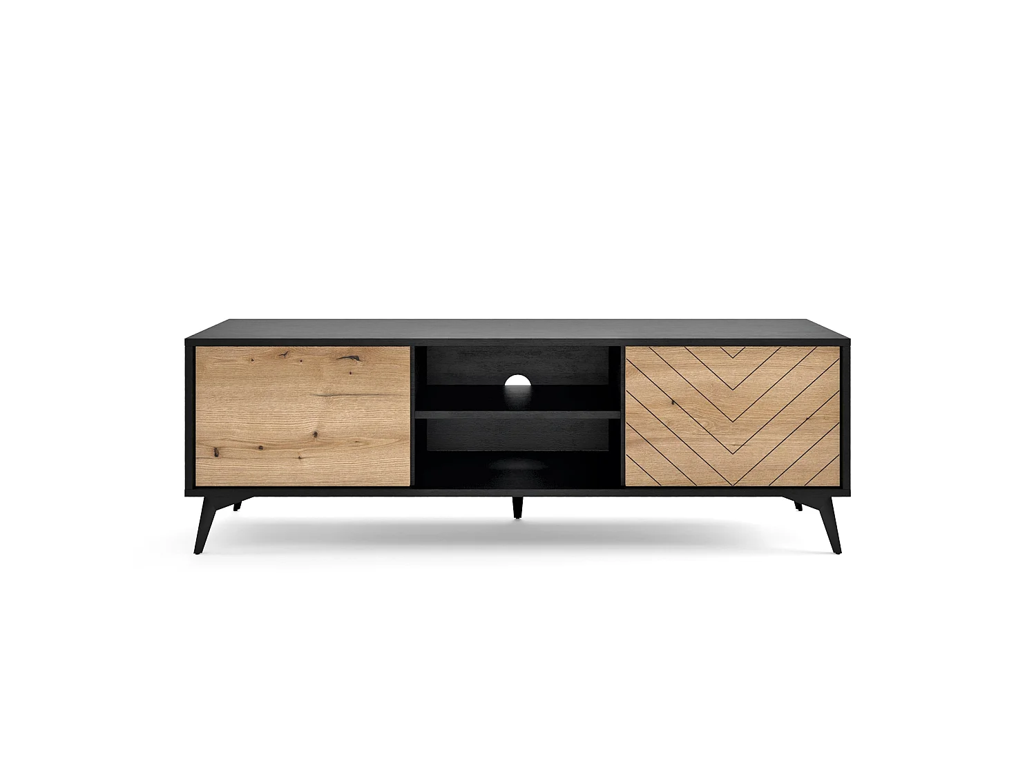 Meuble TV - 154 cm - noir/chêne Evoke motif à chevrons - BOULIA