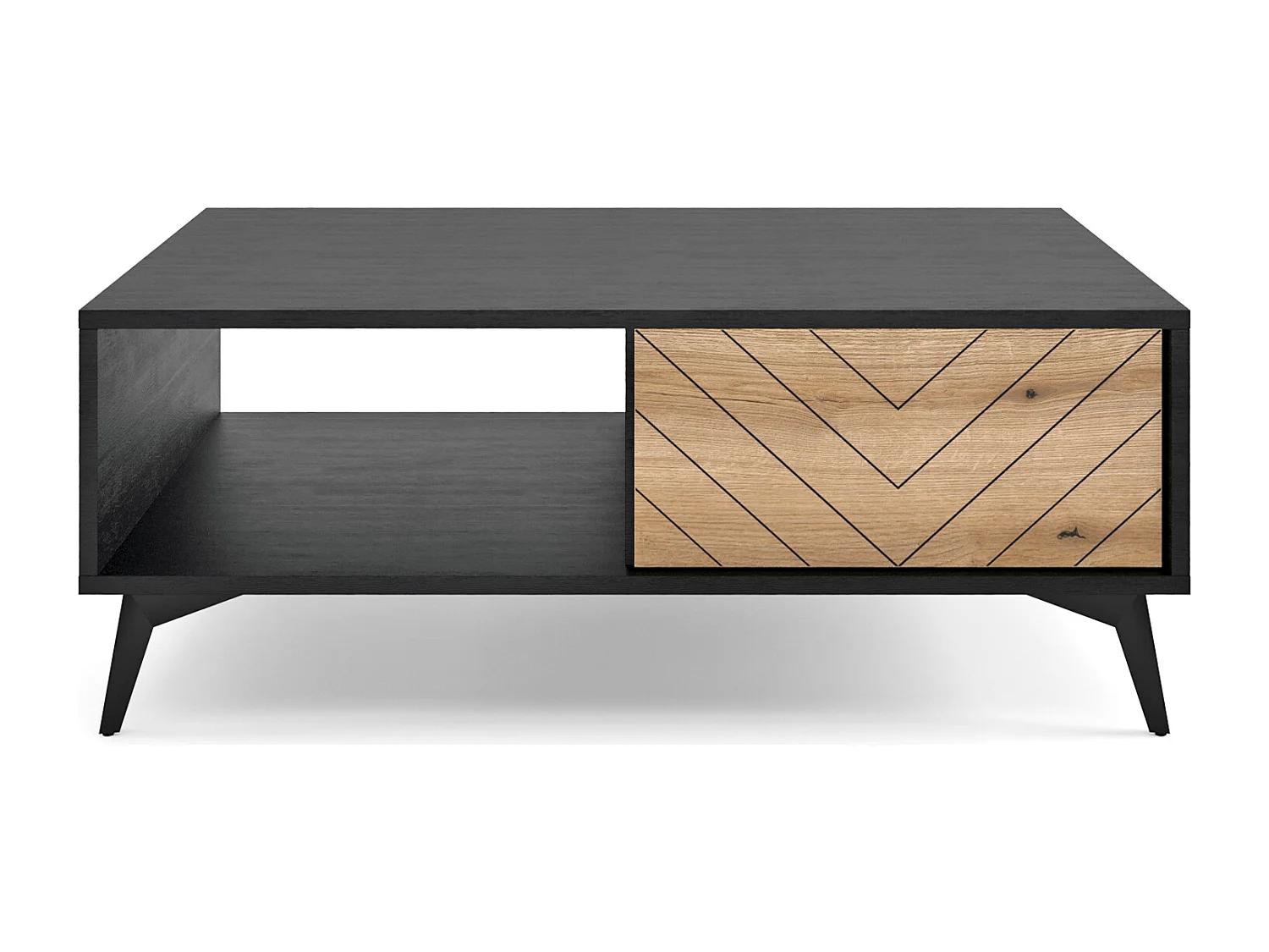 Wohnzimmertisch Couchtisch - 68x104 cm- mit Schublade - Schwarz/Eiche Evoke mit Fischgrätmuster - BOULIA