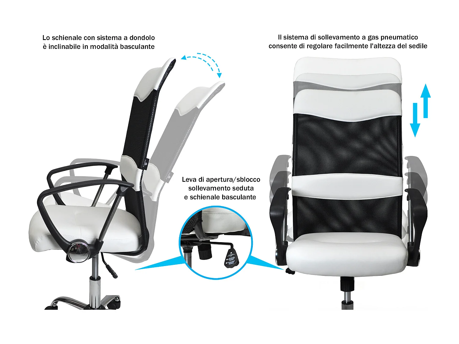 Sedia da ufficio direzionale in tessuto traforato e ecopelle bianca mod. SIENA