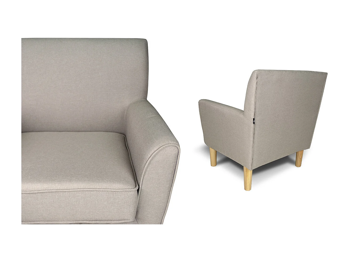 Poltrona in tessuto tortora e piedi in legno naturale mod. Narciso