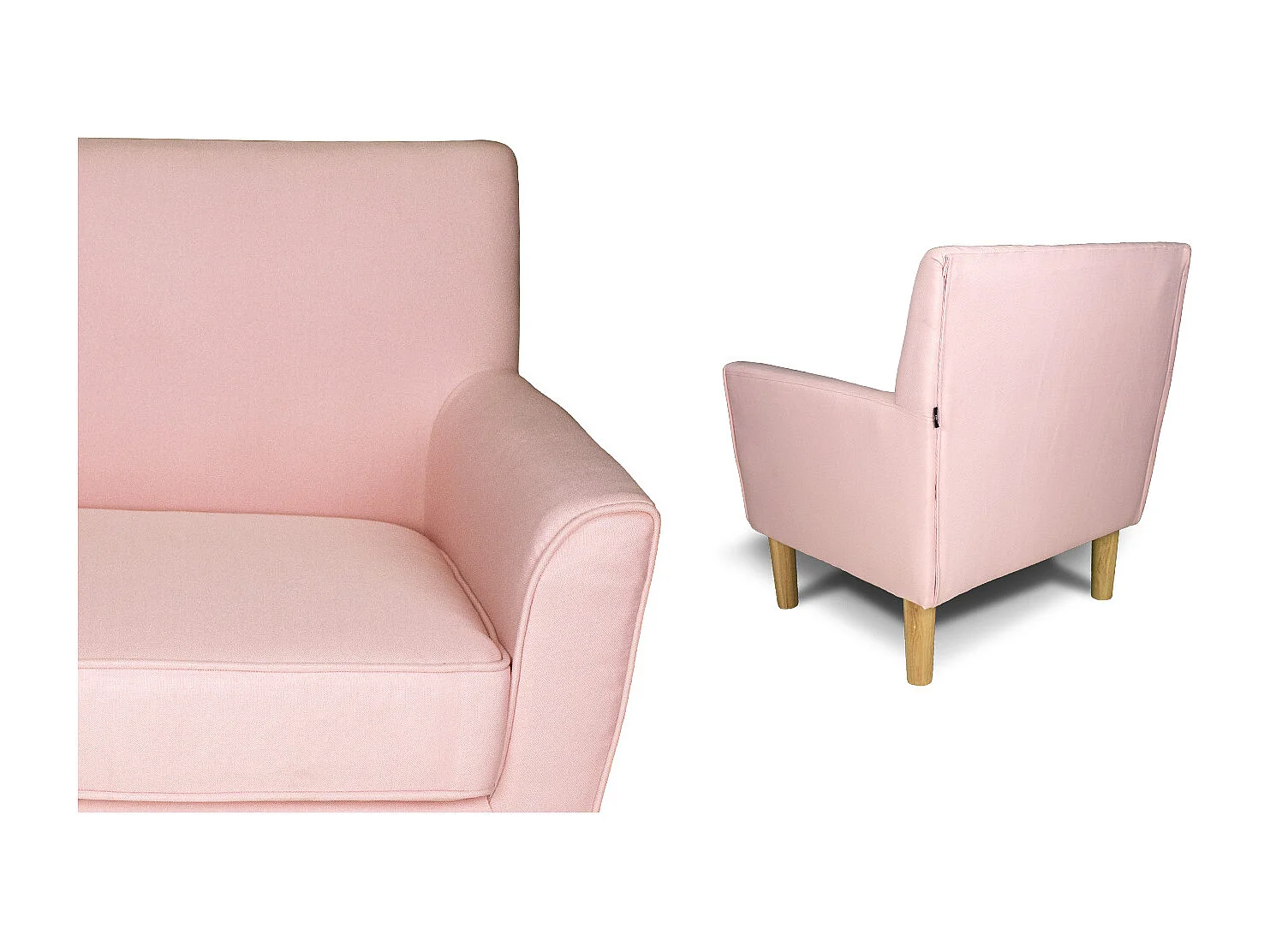 Poltrona in tessuto rosa e piedi in legno naturale mod. Narciso