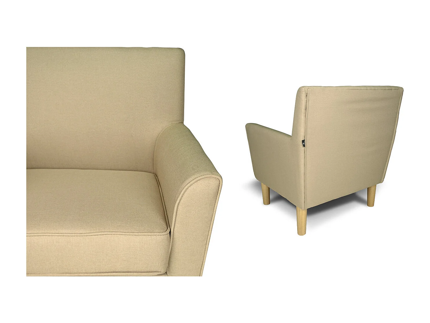 Poltrona in tessuto beige e piedi in legno naturale mod. Narciso