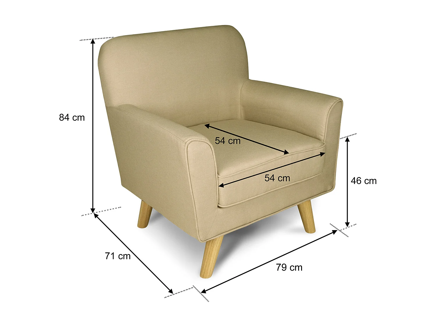 Poltrona in tessuto beige e piedi in legno mod. Orchidea