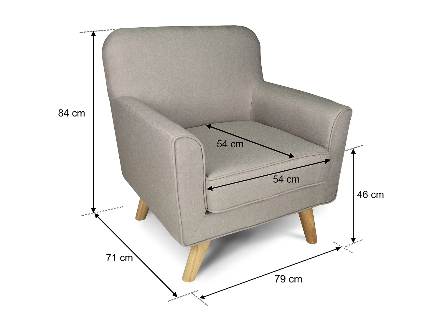 Poltrona in tessuto tortora e piedi in legno mod. Orchidea