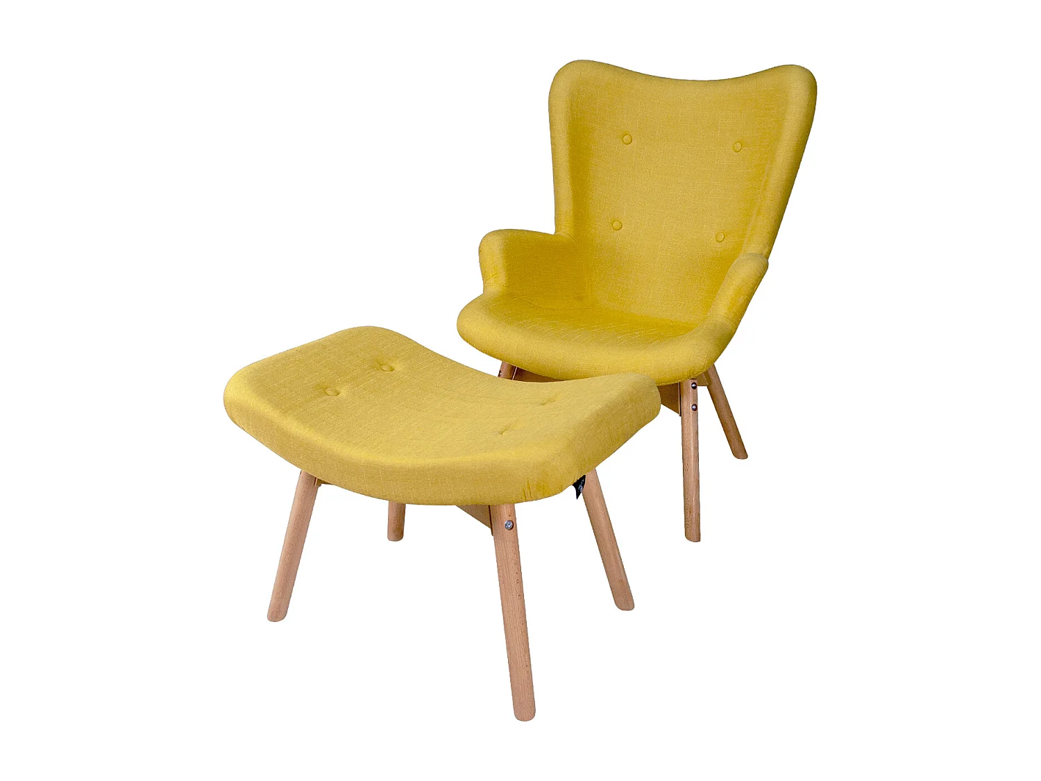 Poltrona con pouf poggiapiedi giallo in stile scandinavo con piedi in legno