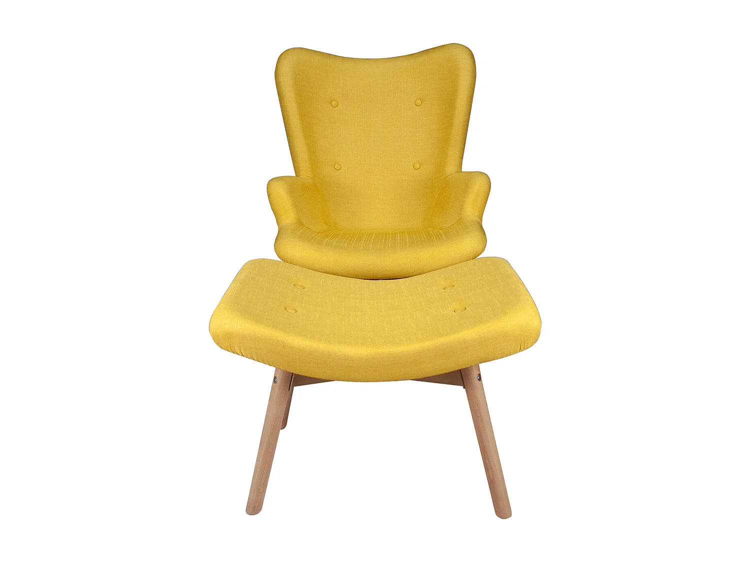 Poltrona con pouf poggiapiedi giallo in stile scandinavo con piedi in legno