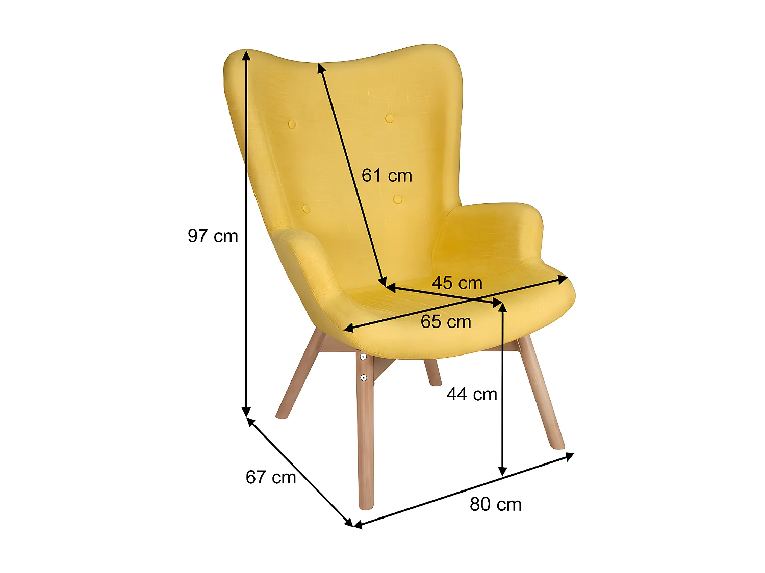 Poltrona con pouf poggiapiedi giallo in stile scandinavo con piedi in legno