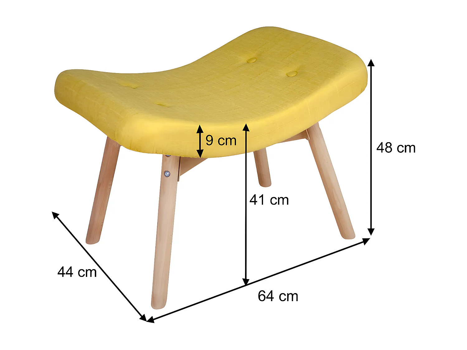 Poltrona con pouf poggiapiedi giallo in stile scandinavo con piedi in legno