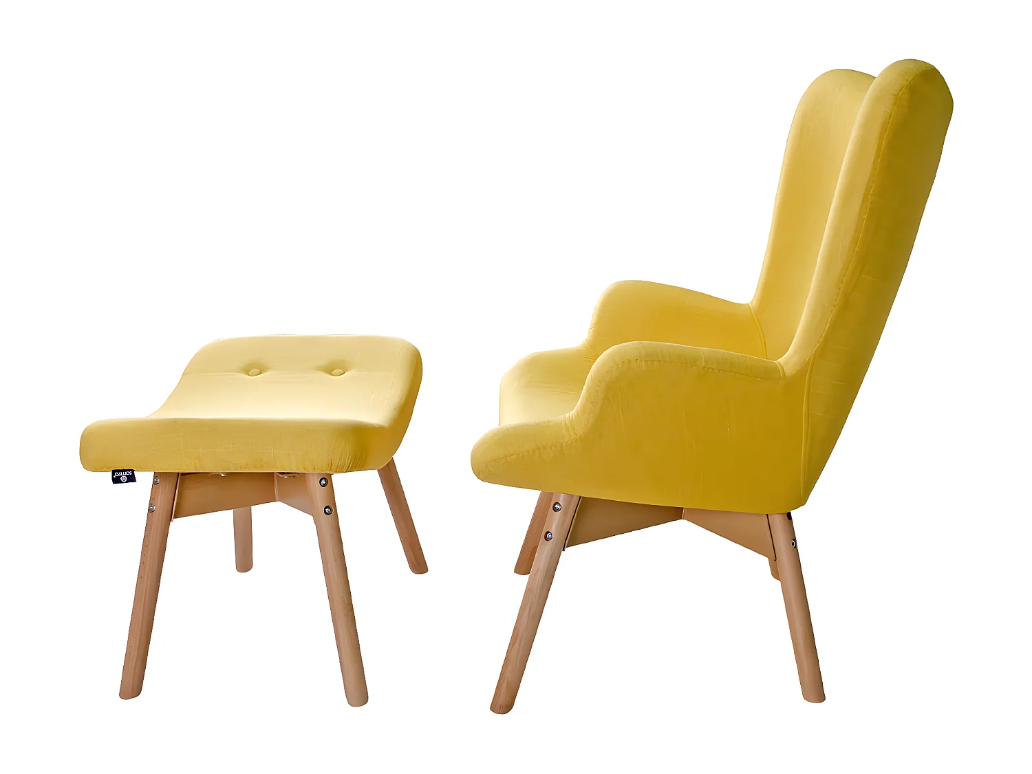 Poltrona con pouf poggiapiedi giallo in stile scandinavo con piedi in legno