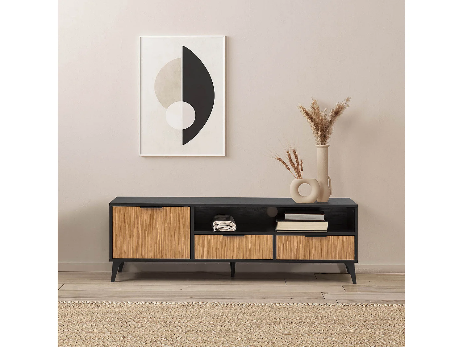 Mobile TV Denis 1 anta e 2 cassetti, colore Nero/Legno