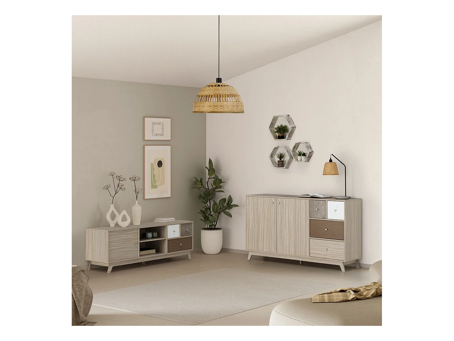 Móvel TV Maia 1 porta e 3 gavetas multicoloridas