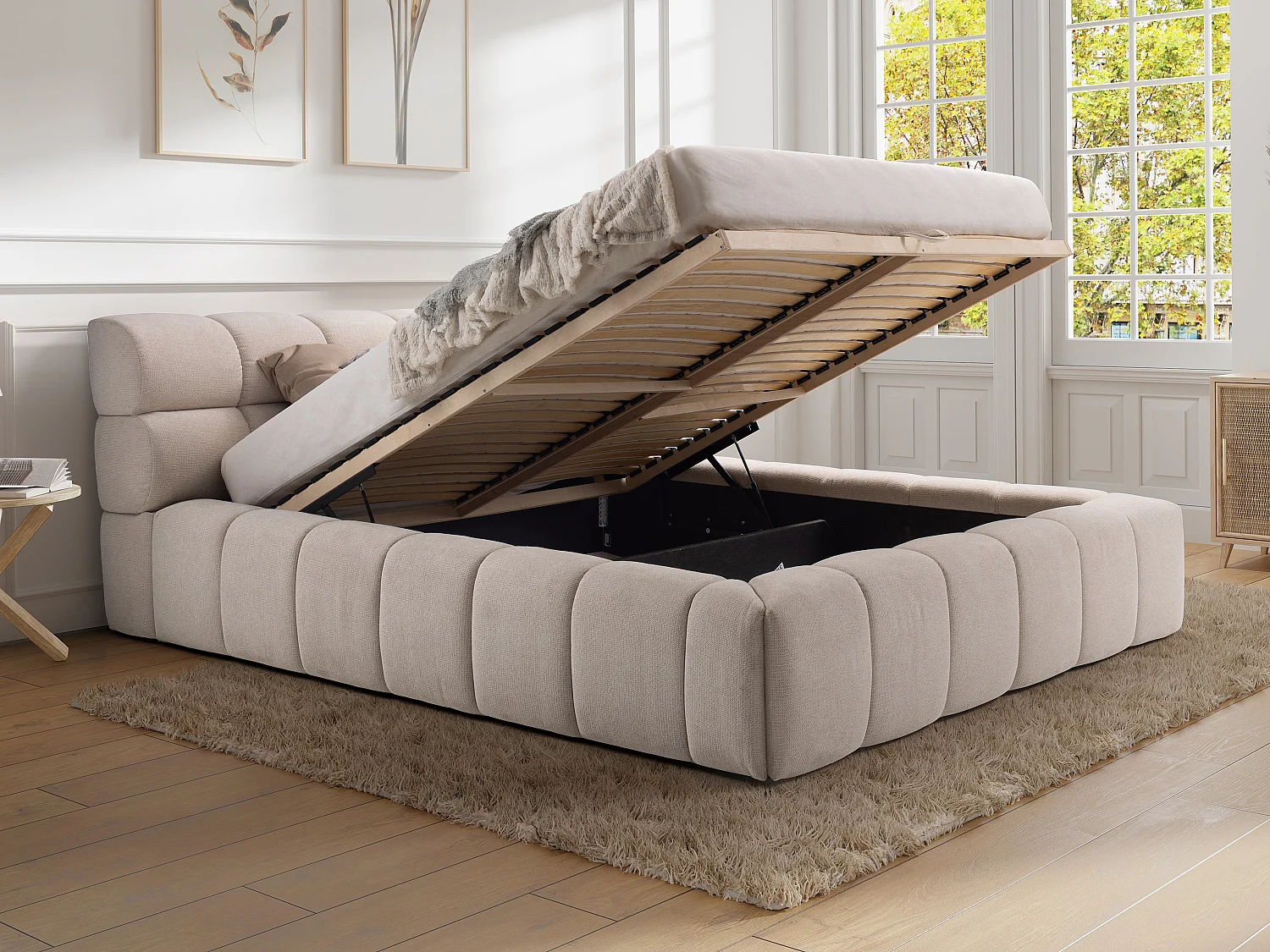 Bett mit Bettkasten - 180 x 200 cm - Stoff - Beige - FORVIK II von Pascal Morabito
