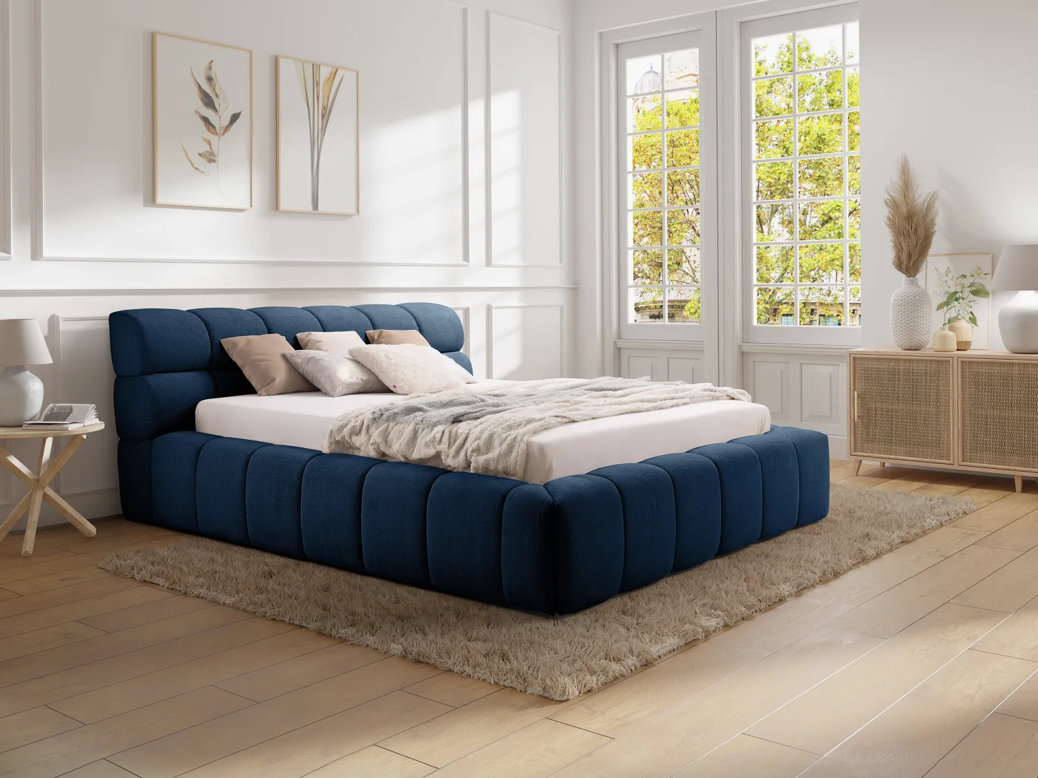 Lit coffre 180 x 200 cm - Tissu - Bleu nuit - FORVIK II de Pascal Morabito