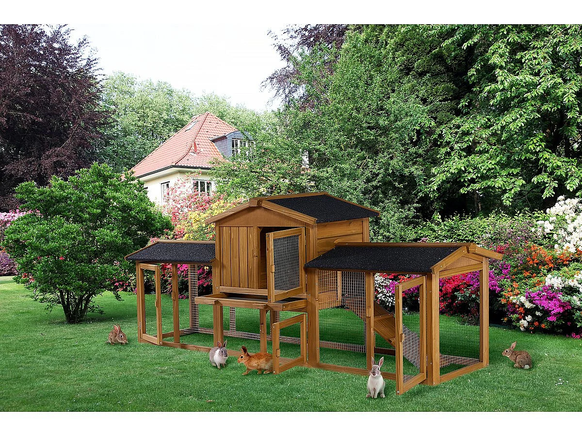 Clapier pour lapin avec 1 étage en bois "Galina" - 224 x 53 x 84 cm - Marron
