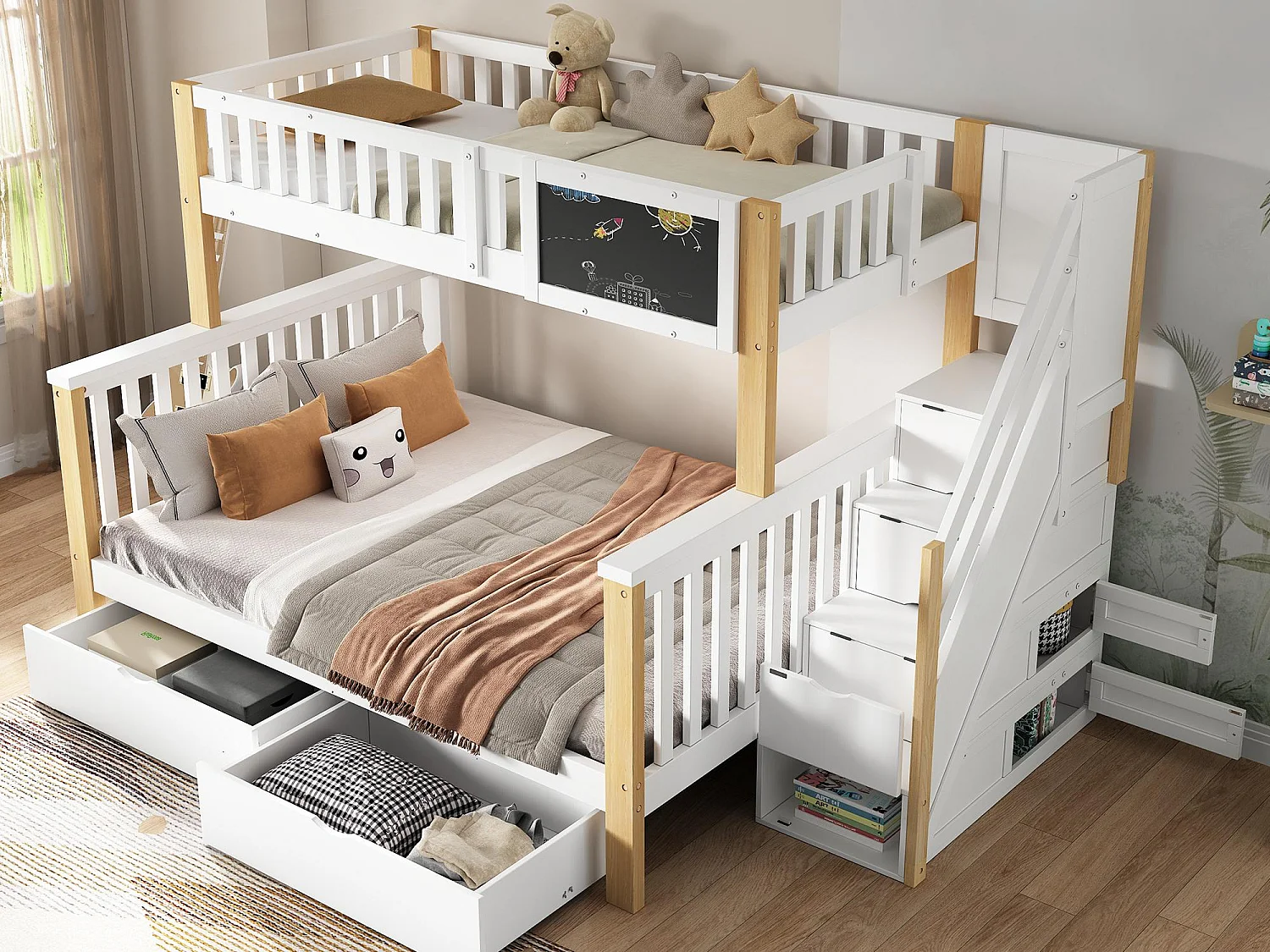 Etagenbett aus Massivholz mit Schubladen und Stauraumtreppe – 90 x 200 cm + 140 x 200 cm – Weiß und Natur