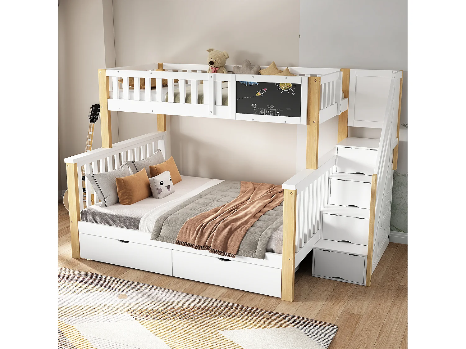 Etagenbett aus Massivholz mit Schubladen und Stauraumtreppe – 90 x 200 cm + 140 x 200 cm – Weiß und Natur