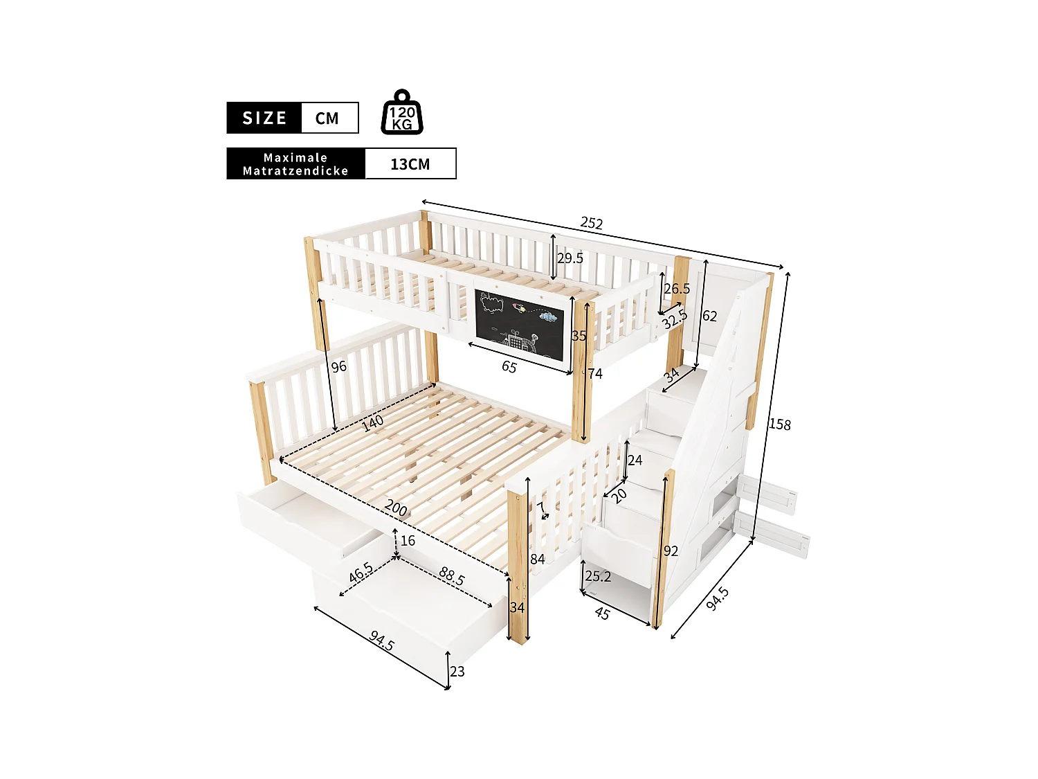 Litera de madera maciza con cajones y escalera de almacenaje - 90x200cm + 140x200cm - Blanco y Natural