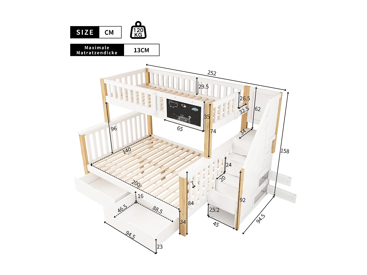 Lit superposé en bois massif avec tiroirs et escalier de rangement - 90x200cm + 140x200cm - Blanc