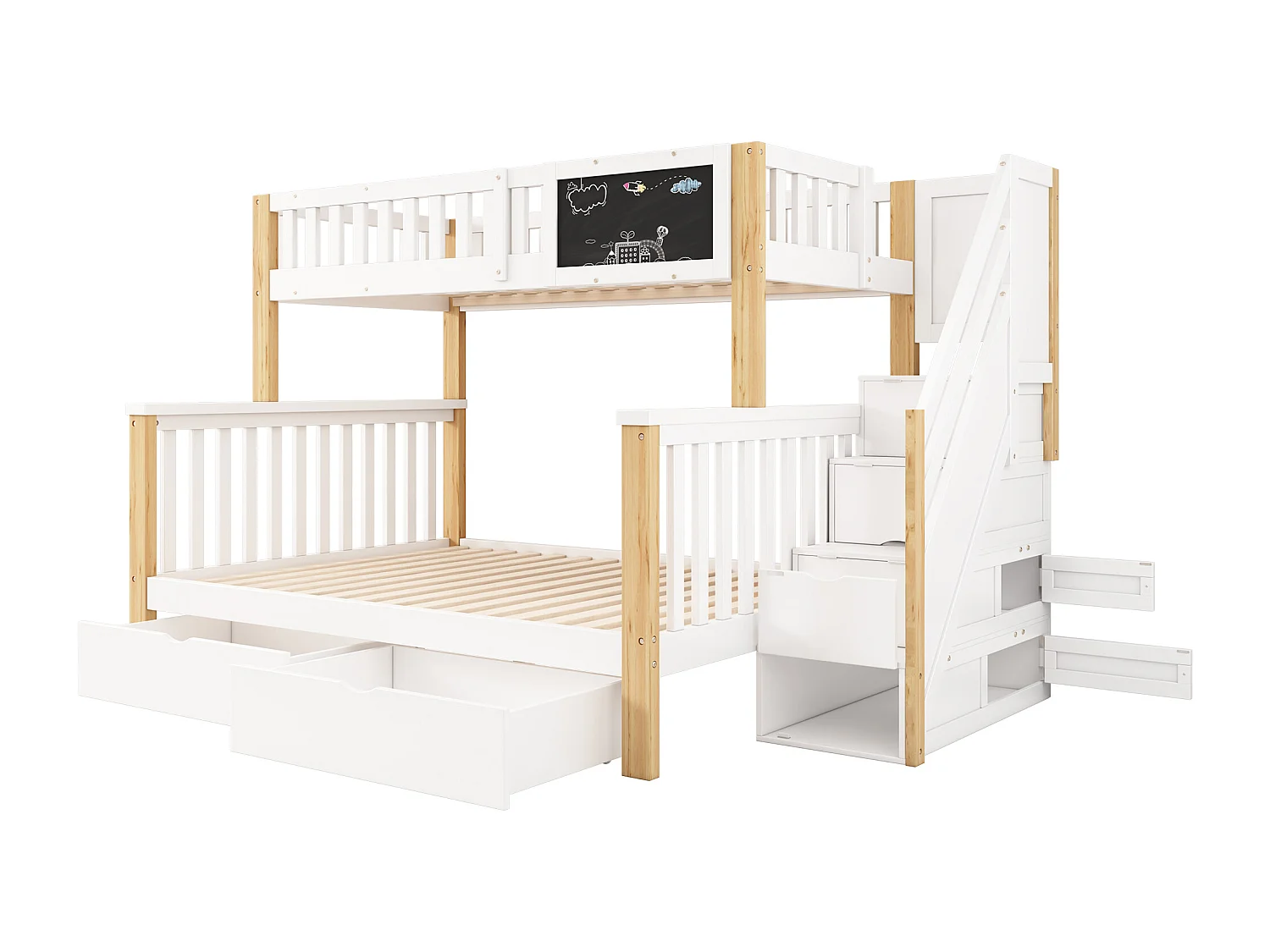 Lit superposé en bois massif avec tiroirs et escalier de rangement - 90x200cm + 140x200cm - Blanc