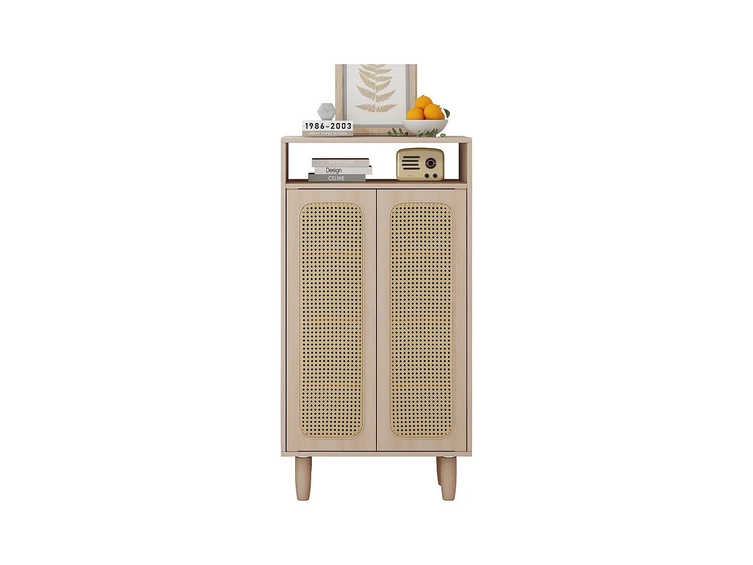 Buffet haut en bois - 2 portes en rotin - étagères réglables - panneaux de particules - chêne