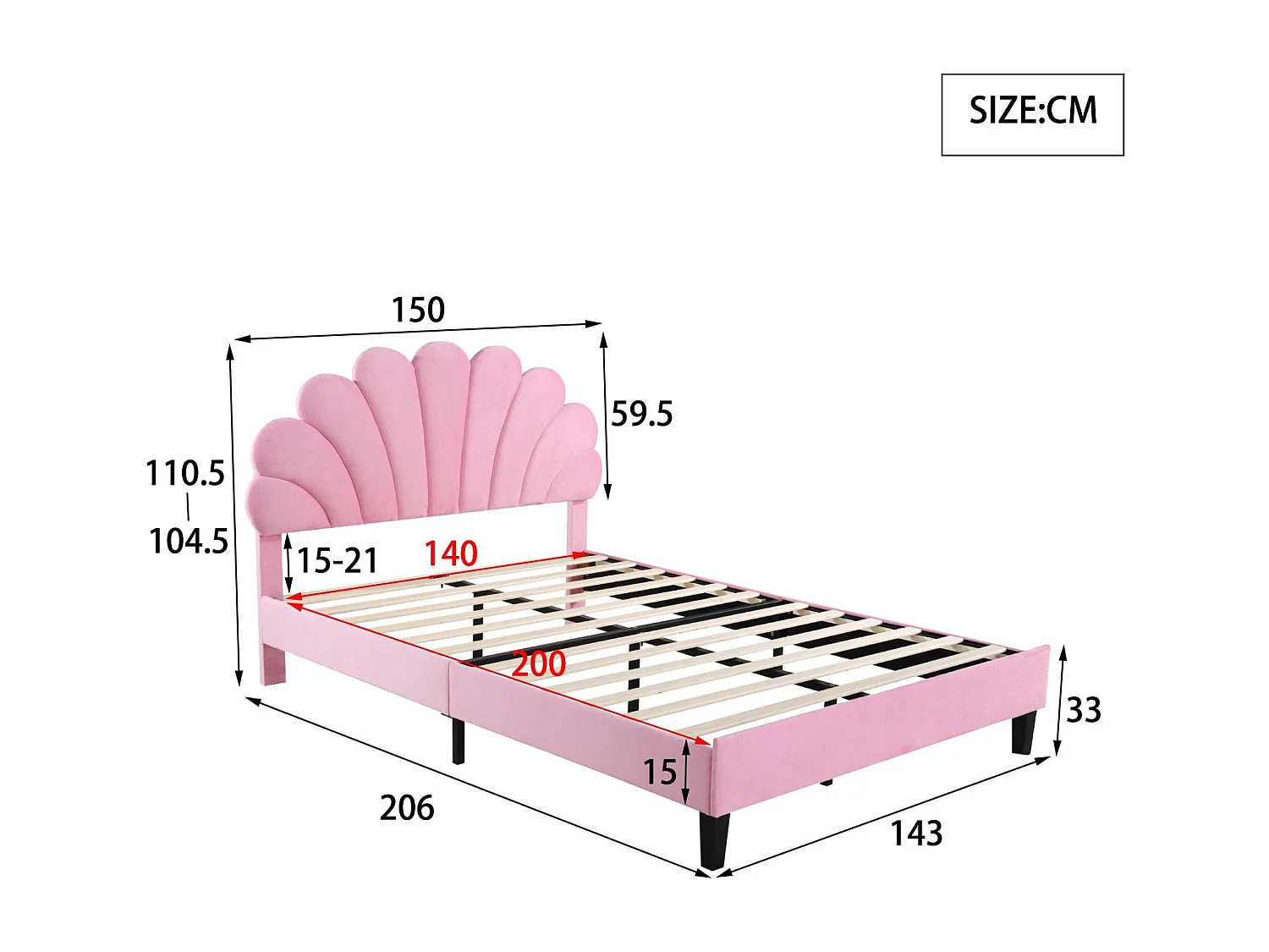 Tweepersoonsbed bekleed met fluweel - 140x200cm - bloemvormig hoofdeinde - met lattenbodem - Roze