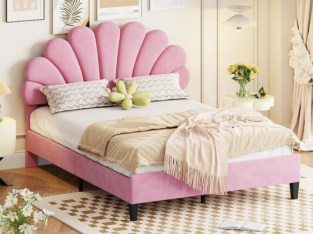 Lit double rembourré en velours - 140x200cm - tête de lit en forme de fleur - avec sommier à lattes - Rose