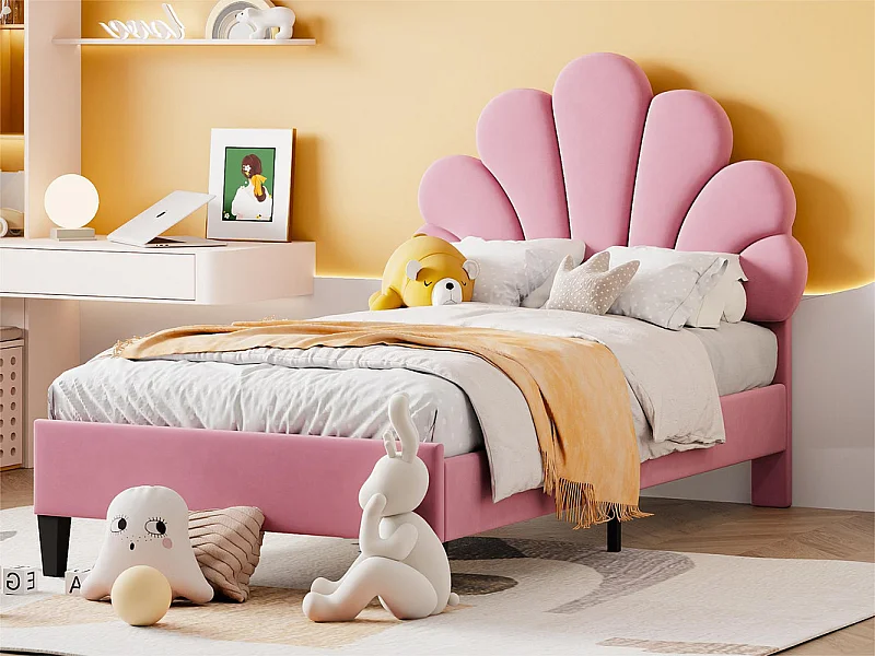 Einzelbett mit Samtbezug – 90 x 200 cm – blumenförmiges Kopfteil – mit Lattenrost – Rosa