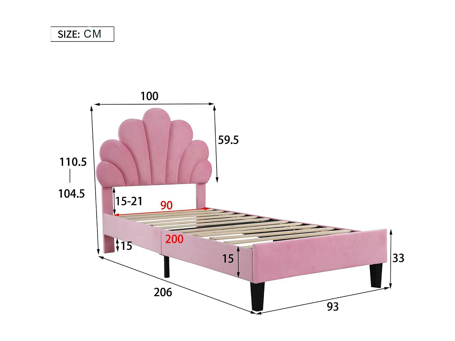 Eenpersoonsbed bekleed met fluweel - 90x200cm - bloemvormig hoofdeinde - met lattenbodem - Roze