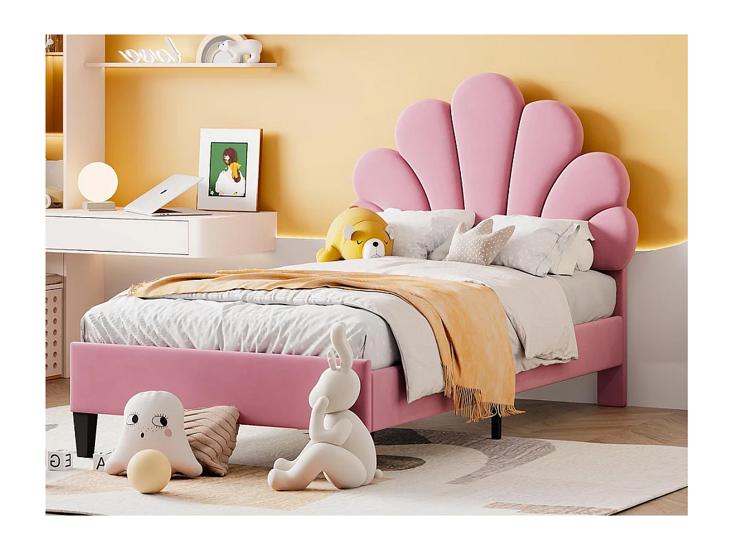 Lit simple rembourré en velours - 90x200cm - tête de lit en forme de fleur - avec sommier à lattes - Rose