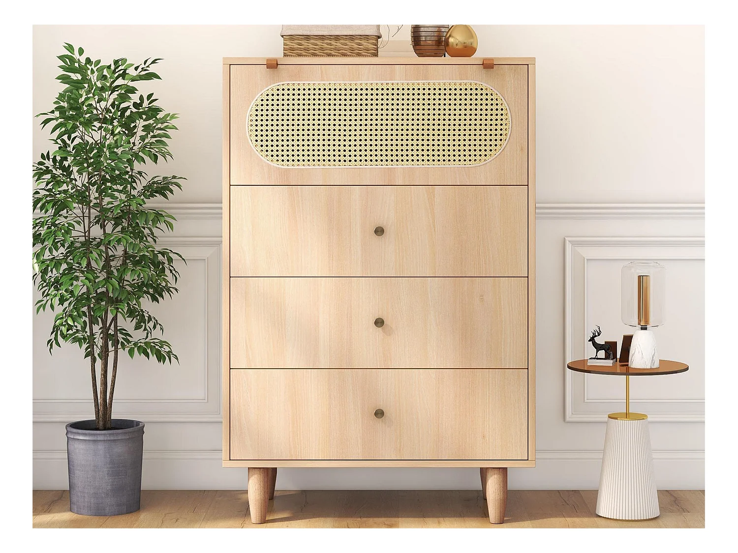Buffet haut en bois - 3 tiroirs et porte rotin - panneaux de particules - style industriel - chêne